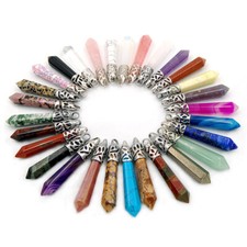 Natural Gemstone Long Hexagonal Pointed Reiki Chakra Pendant Charm Silver Plated