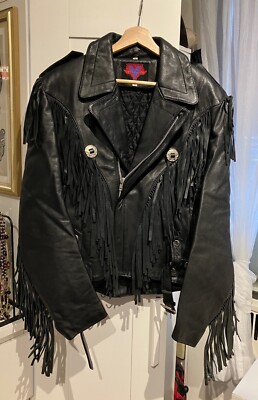 Verducci Leather Fringe Motorcycle Biker Jacket with Skull buttons