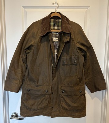Vintage Barbour Waxed Jacket 42 Olive Green Men's Solway Zipper Long Trench Coat
