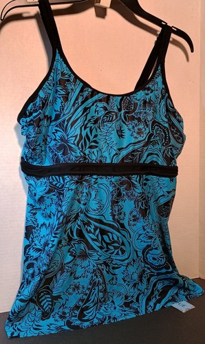 Yonique Women's XL Blue & Black Tankini Top Modest Blouson With Built-in Bra - Picture 1 of 10