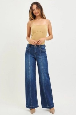 Risen Jeans Wide-Leg Pintuck Front Seam High-Rise Stretchy Denim 31'' Dark Grunge