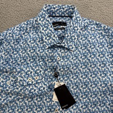 QUIETI Linen Shirt Mens Medium L/S Blue Boxes Pattern 100% Fine Linen