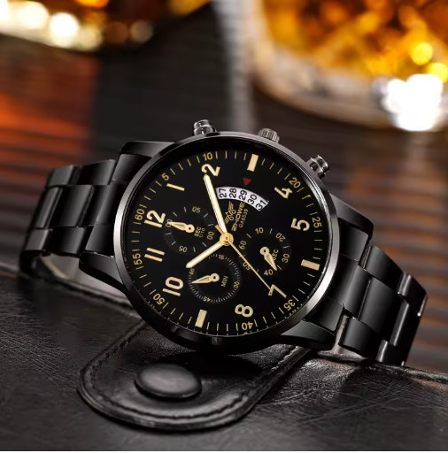 Montre homme quartz étanche avec chronographe noir en acier pour sublimer vos rendez-vous d'affaires