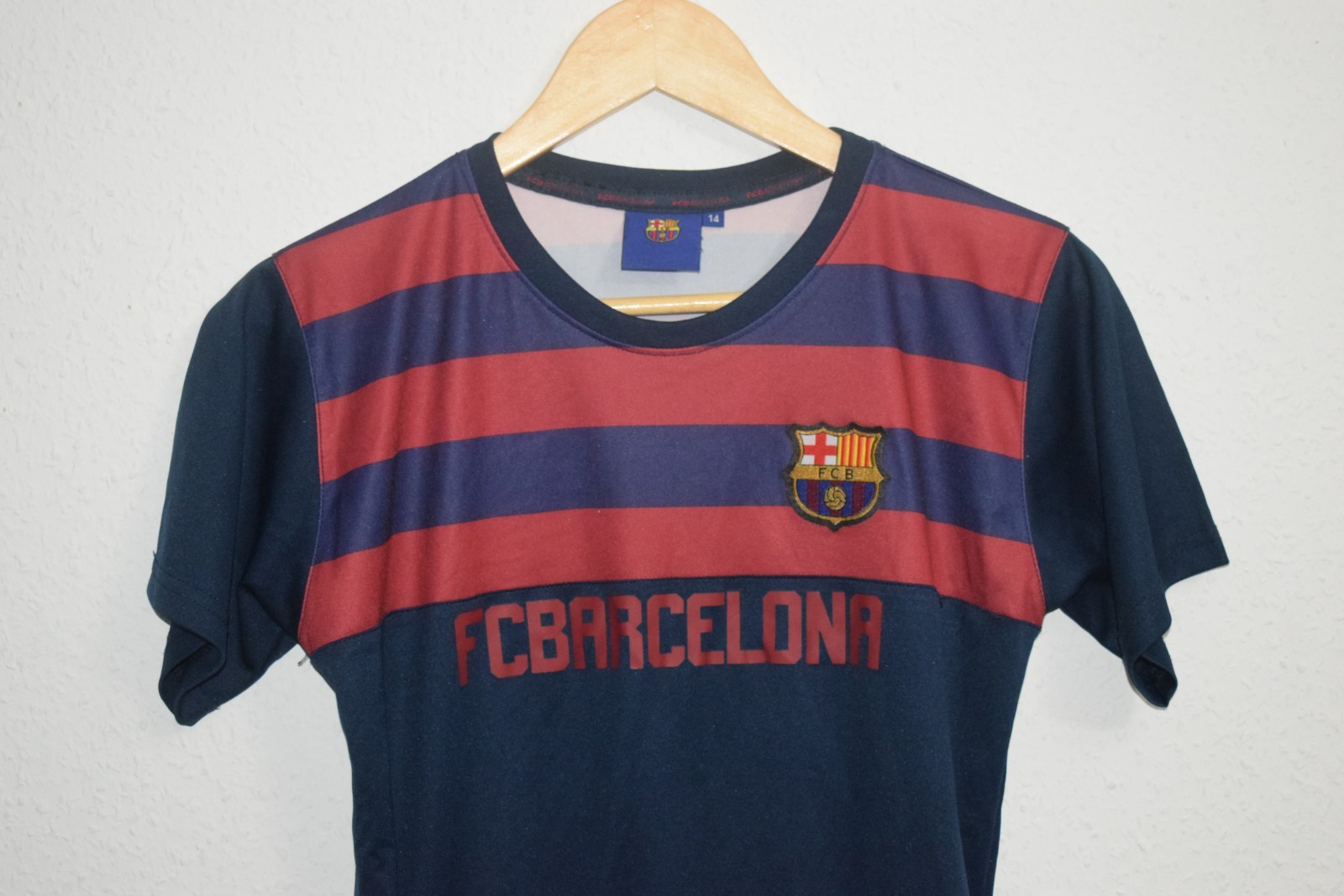 FC Barcelona Youth Fan T-Shirt - Navy & Red Striped "Barca" Tee - Size 14 image 3