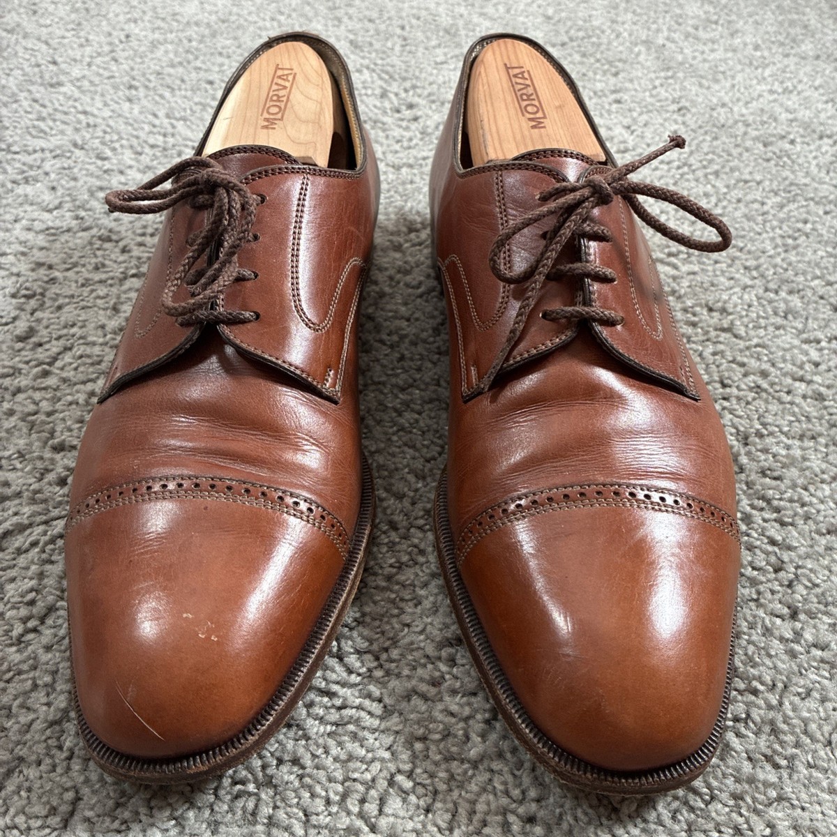 A. Testoni Brown Leather Cap Toe Lace Up Derby Oxford Men