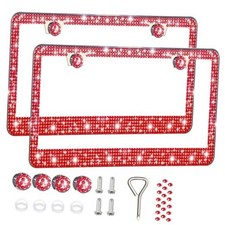 2 Pack License Plate Frames for Women, Sparkly Rhinestone Diamond Car Red 2PCS
