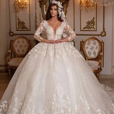 Vintage Wedding Dresses Princess Bead Shinny Tulle Long Sleeves Ball Bridal Gown