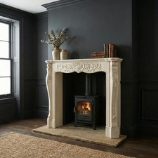 French Style Aged Dauphine Ivory Finish Hand Carved Wooden Fire Surround