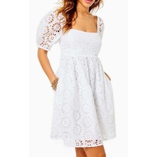 Lilly Pulitzer 10 White Kay Eyelet Cotton Puff Sleeve Fit Flare Dress Babydoll