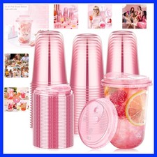 50 Pack 16 oz Pink Plastic Party Cups with Sip Lids, Disposable Iced Coffee C...