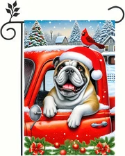 Winter Garden Flag Double Sided 12X18 - Christmas Dog Birth Bulldog Driving Red 