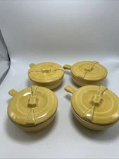 Set Of 4 Vintage Yellow Covered Individual Serving Bowls USA Pottery