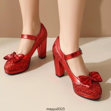 Women's Round Toe High Block Heel Sequin Bowknot Buckle Platform Pumps Shoes New