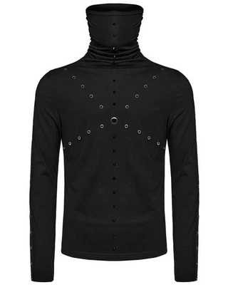 Punk Rave Hombre Cyberpunk Tachas Alto Cuello Bufanda Camiseta Largo Manga Negro - Imagen 1 de 4