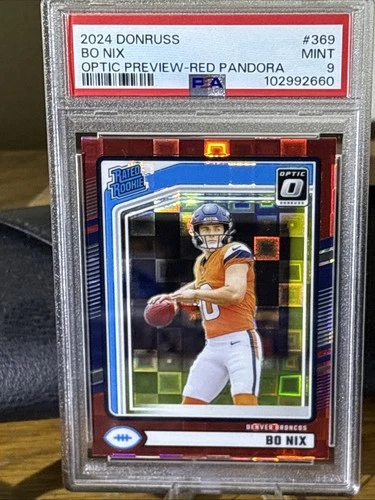 2024 Donruss Rated Rookie Bo Nix #369 Optic Preview Red Pandora Prizm RC PSA 9