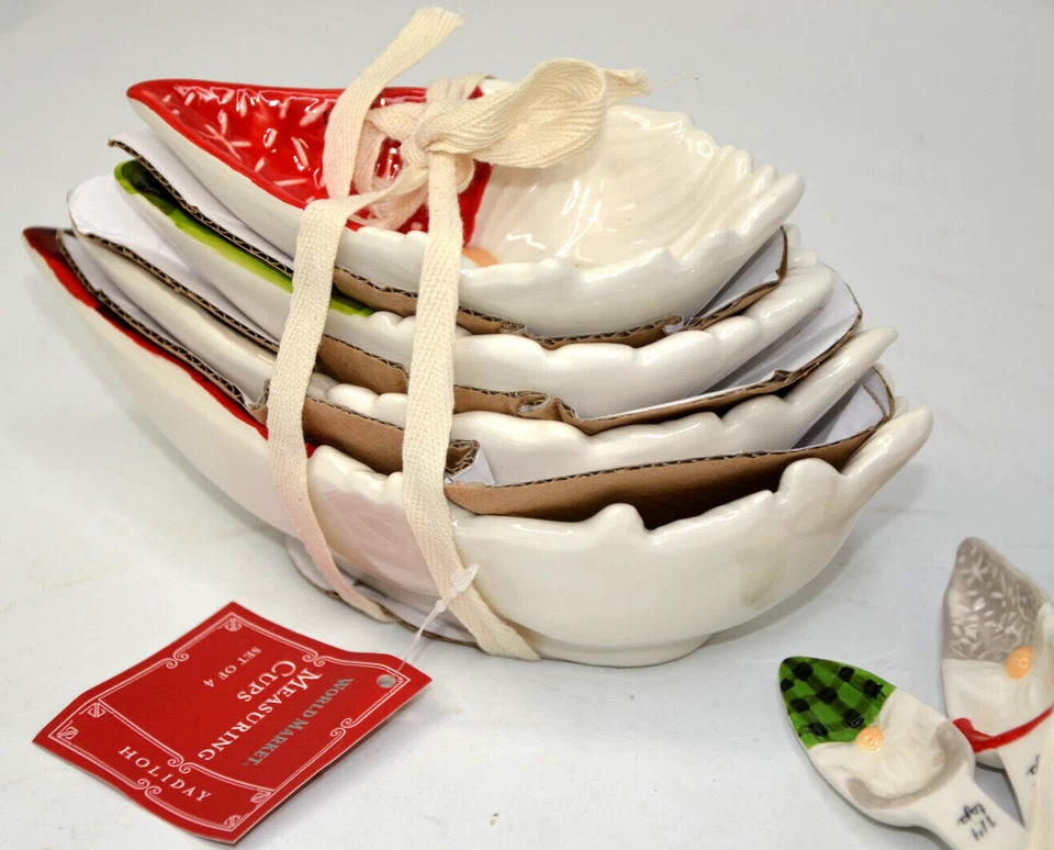 Gnome Measuring Cups & Spoons Christmas Ceramic World Market Set Holiday Elves - Image 3 of 3
