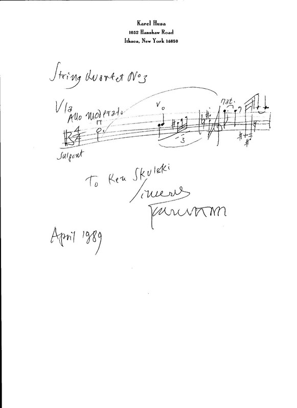 PERSONALIZED SIGNATURE KAREL HUSA & BAR STRING QUARTET #3 ON HIS STATIONARY 1989