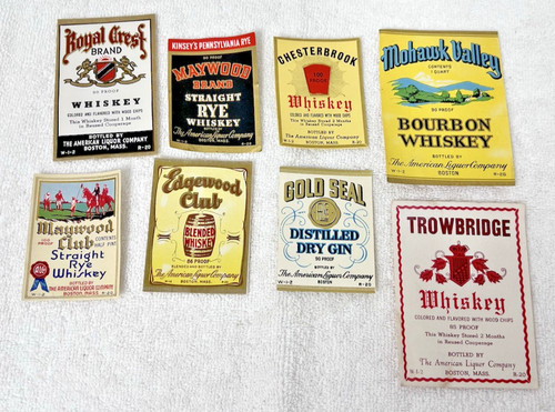 Lot of 8 Antique Whiskey Rye Gin Labels Maywood Club Gold Seal Mohawk Valley