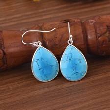 Solid 925 Sterling Silver Teardrop Earrings With Turquoise Wedding Jewelry Gift