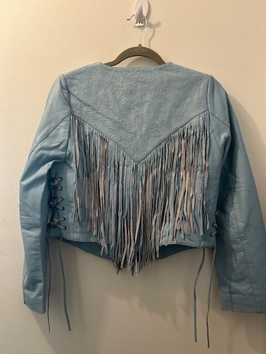 One Teaspoon WANDERER Fringed Baby Blue Dream Short Lined Leather Jacket NWT XS - Picture 24 of 24