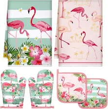 Bencailor 6 Pcs Flamingo Kitchen Towels Pot Holders and Oven Mitts Set Soft Cott