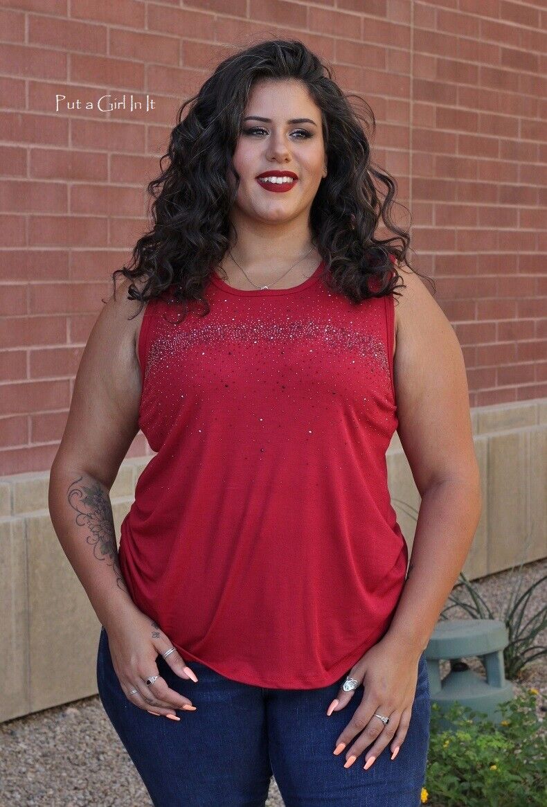 New VOCAL Womens PLUS SIZE CRYSTAL DEEP RED BLING TANK TUNIC SHIRT