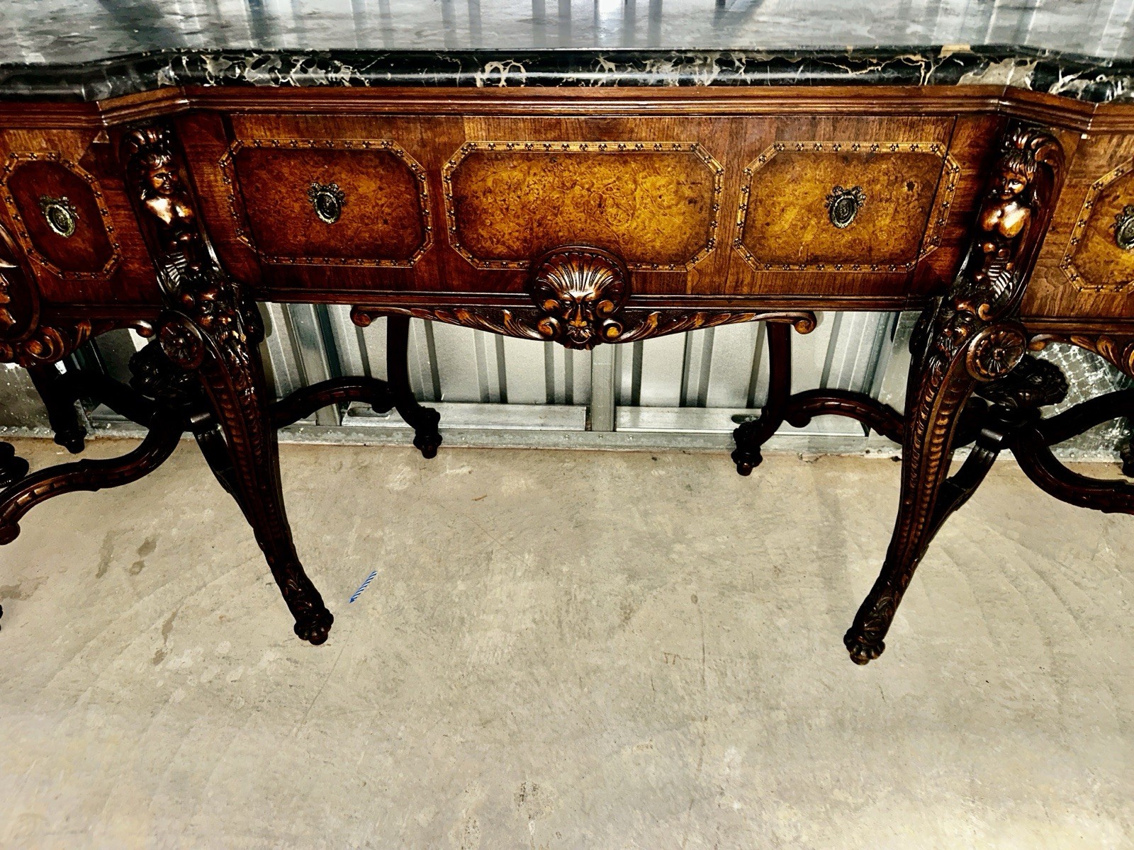 Antique Estate Walnut Black White Vein Marble Top Figural Sideboard Server