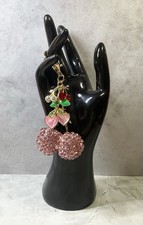 Pink Rhinestone Cherry Cluster Gold Tone Purse Charm Keychain