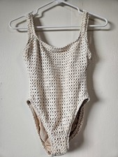 VTG 90s Baja Blue Crochet One Piece Swimsuit Metallic Gold Cream High Cut Size 6