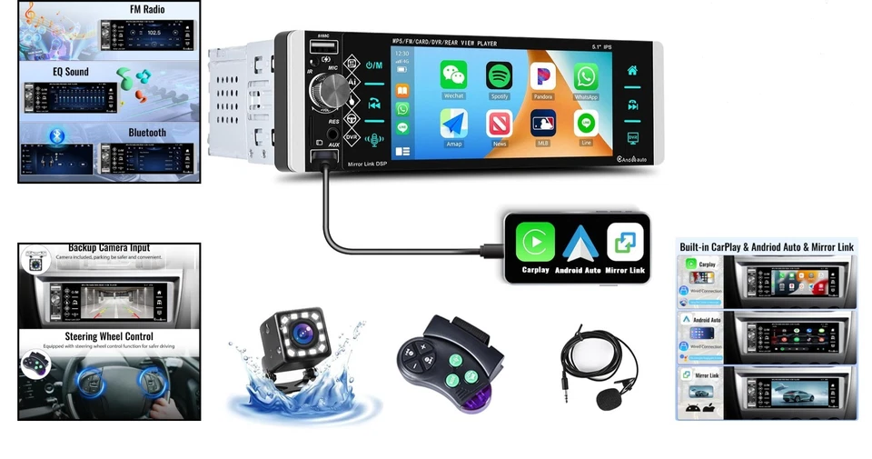1 Din Autoradio mit 5,1 Zoll Touchscreen Bluetooth FM Mirror Link für Smartphone - Bild 2 von 4