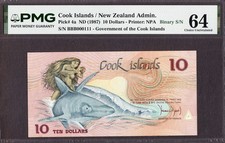 Cook Islands 10 Dollars ND (1987) Binary Serial BBB 000111 Pick-4a Ch UNC PMG 64