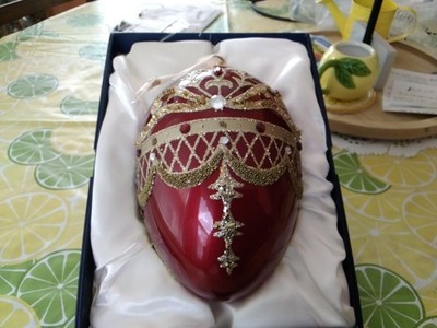 Glass Christmas Ornament Saks Fifth Ave Splendor Red Gold Egg Shape Gorgeous!
