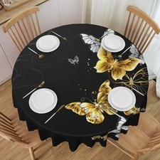 Gold White Butterflies Black Tablecloth Round Lace Wrinkle Resistant Wipeable...