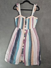 J.Crew Button-up Linen Striped Dress Ruffles Size 8 Boho Preppy Hippie Colorful 