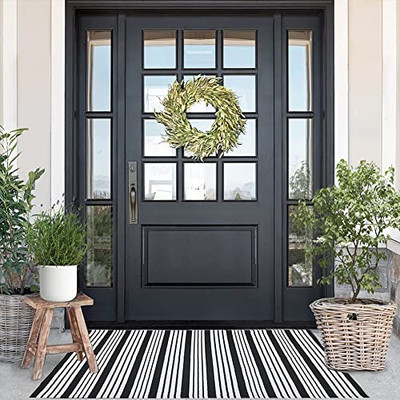 Cotton Black and White Striped Rug (27.5 x 43 Inches), Washable Stripe Outdoor 