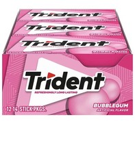    Trident Bubblegum Sugar Free Gum 12 Packs 14 Sticks 168 Pieces Factory Sealed