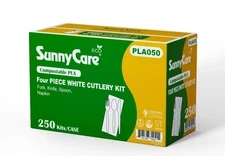 SUNNYCARE FOUR PIECES WHITE CULTRY SET, COMPOSTABLE PLA, PLA050, 250 KITS