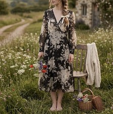 Zara Yellow/Black Floral V Neck Flowy Chiffon Dress Sz Medium Cottage Core Party