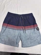 Hurley Men Swim Shorts S Blue Stripe Drawstring Pocket Swimwear Polyester