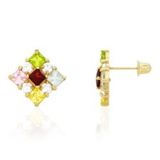 Multicolor Princess-Cut Gemstone Square Screw Back Stud Earrings 14k Yellow Gold