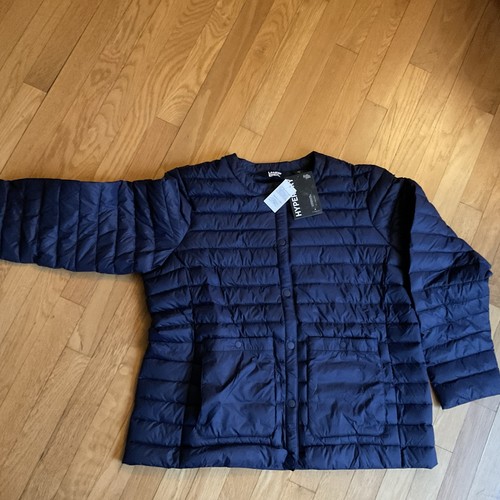 Lands End Ladies Packable Collarless Wanderweight Puffer Down Jacket Navy XL NWT