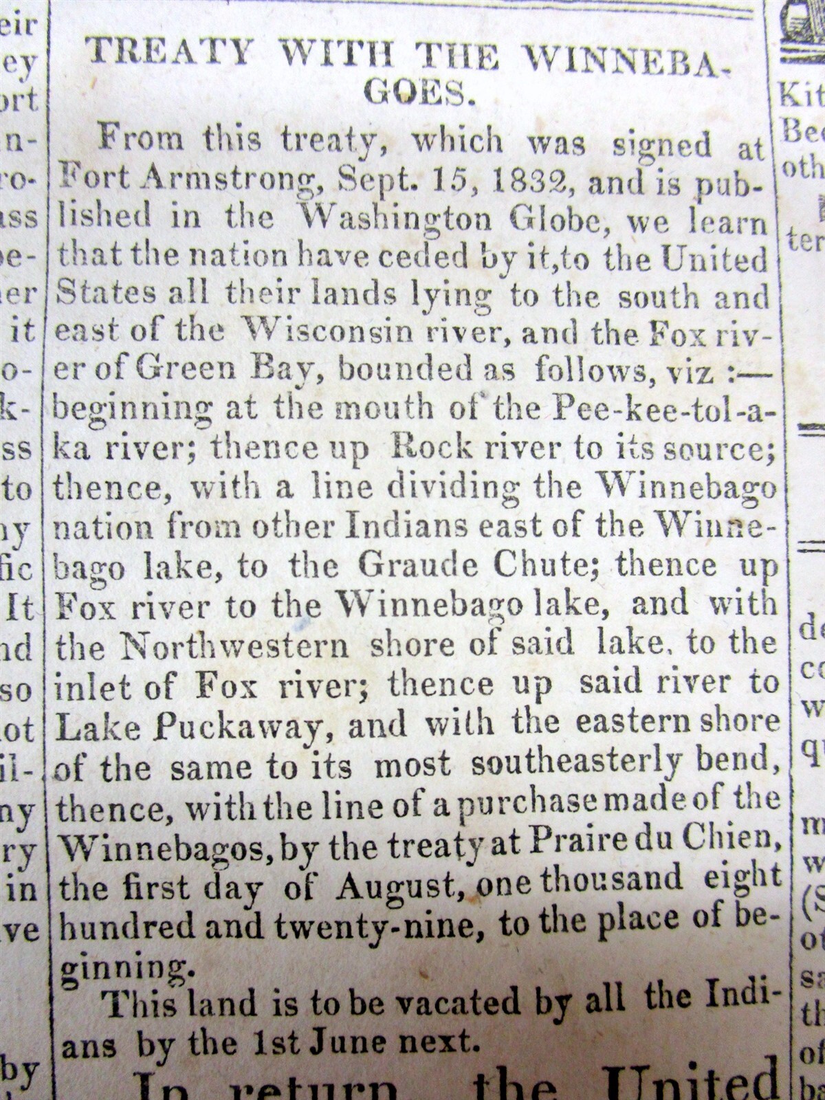 1833 Bethania PA newspaper announces TREATY w the WINNEBAGO INDIANS in