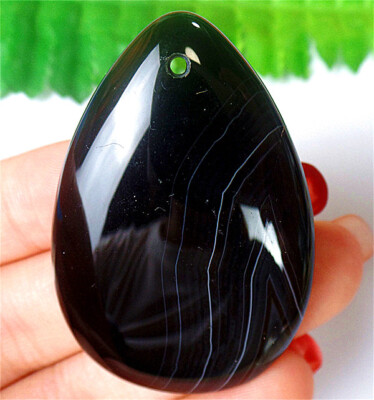 50x34x7mm Black Stripes Onyx Agate Teardrop Healing Pendant Bead BQ66265