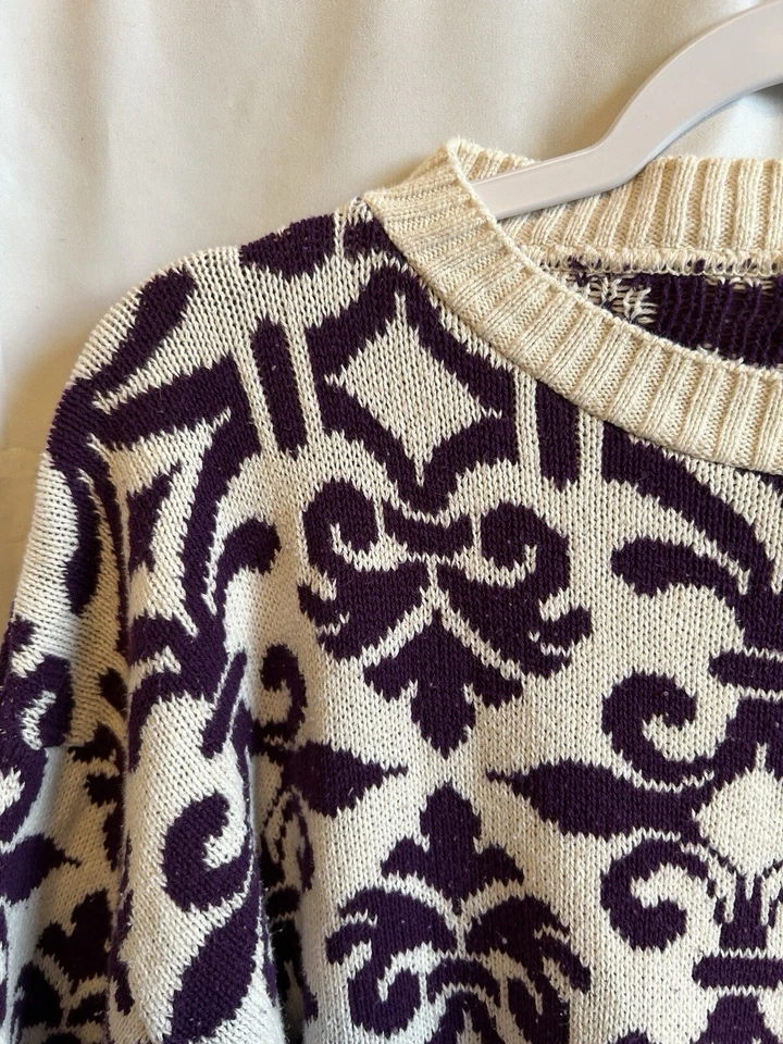 Suéter Cabin Creek Vintage Años 90 Blanco/Púrpura Hecho en EE. UU. 100% Algodón Talla Mediana Foto 3 de 4