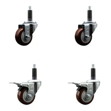3 Inch SS Maroon Poly Swivel 1 Inch Expanding Stem Caster Set 2 Brakes