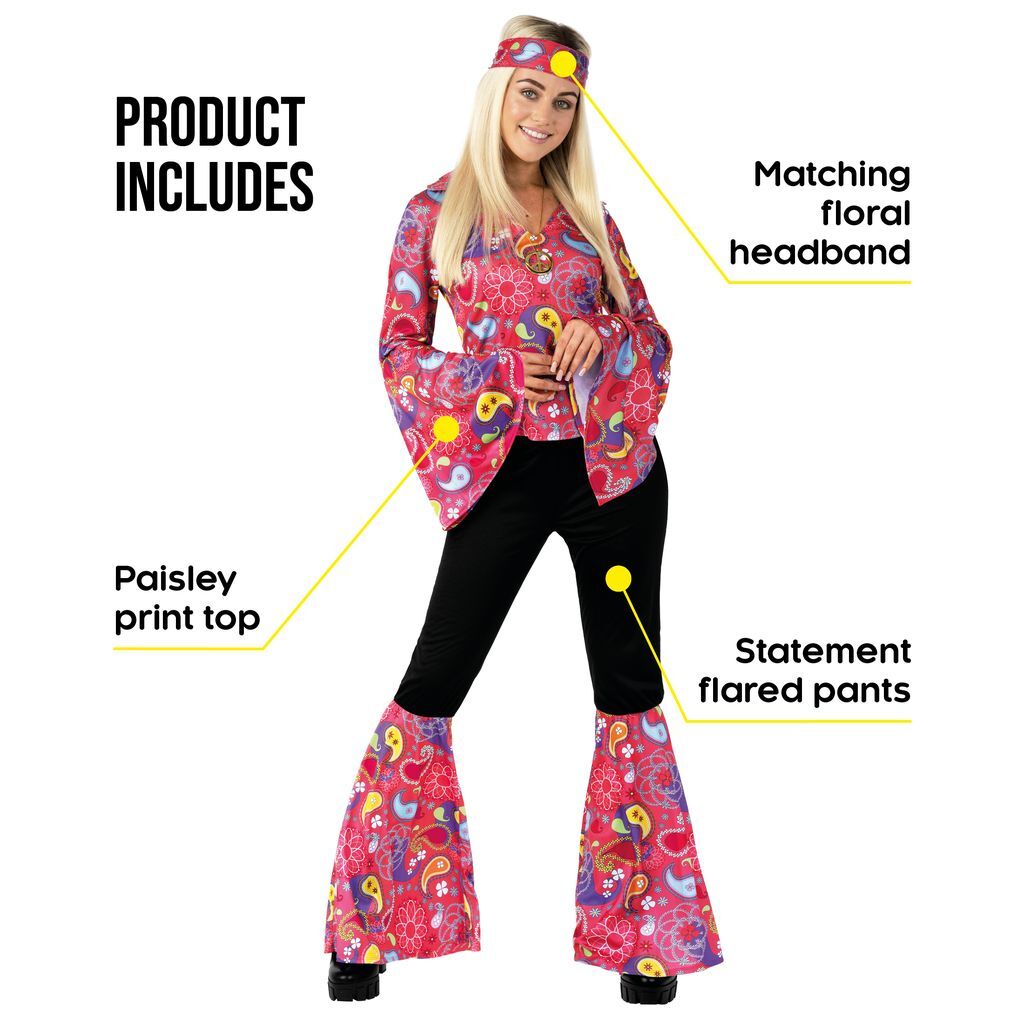 EVELUST Flare broek uit de jaren '70 voor dames - Bohemian stijl uit de jaren 60 - Hippie stijl - Bloemen - Hoge taille - Disco-outfit - Yogabroek, leggings, roze madeliefjes, S