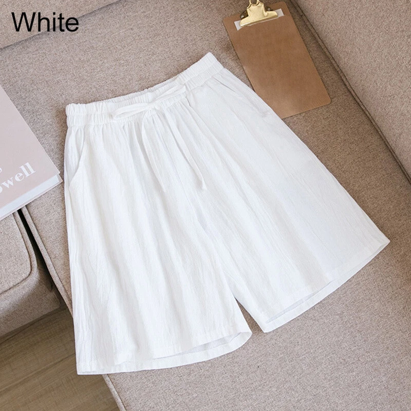 Womens Cotton Linen Shorts Drawstring Elastic High Waist Wide Leg Casual Pants - Image 2 of 4