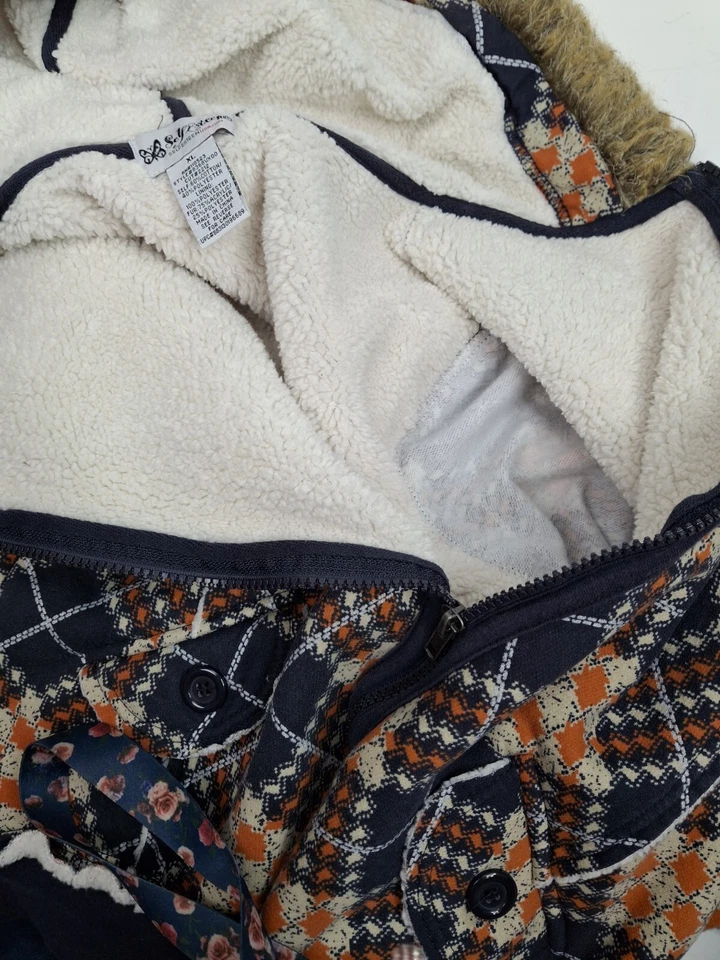 VTG Y2K Self Esteem Zip Up Hoodie Jacket XL Argyle Plaid Sherpa Thumbhole Grunge - Image 2 of 4