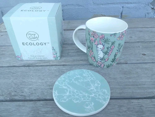 2019 Ecology May Gibbs Mug & Coaster - Flower Babies 320ML GREEN - Picture 1 of 6
