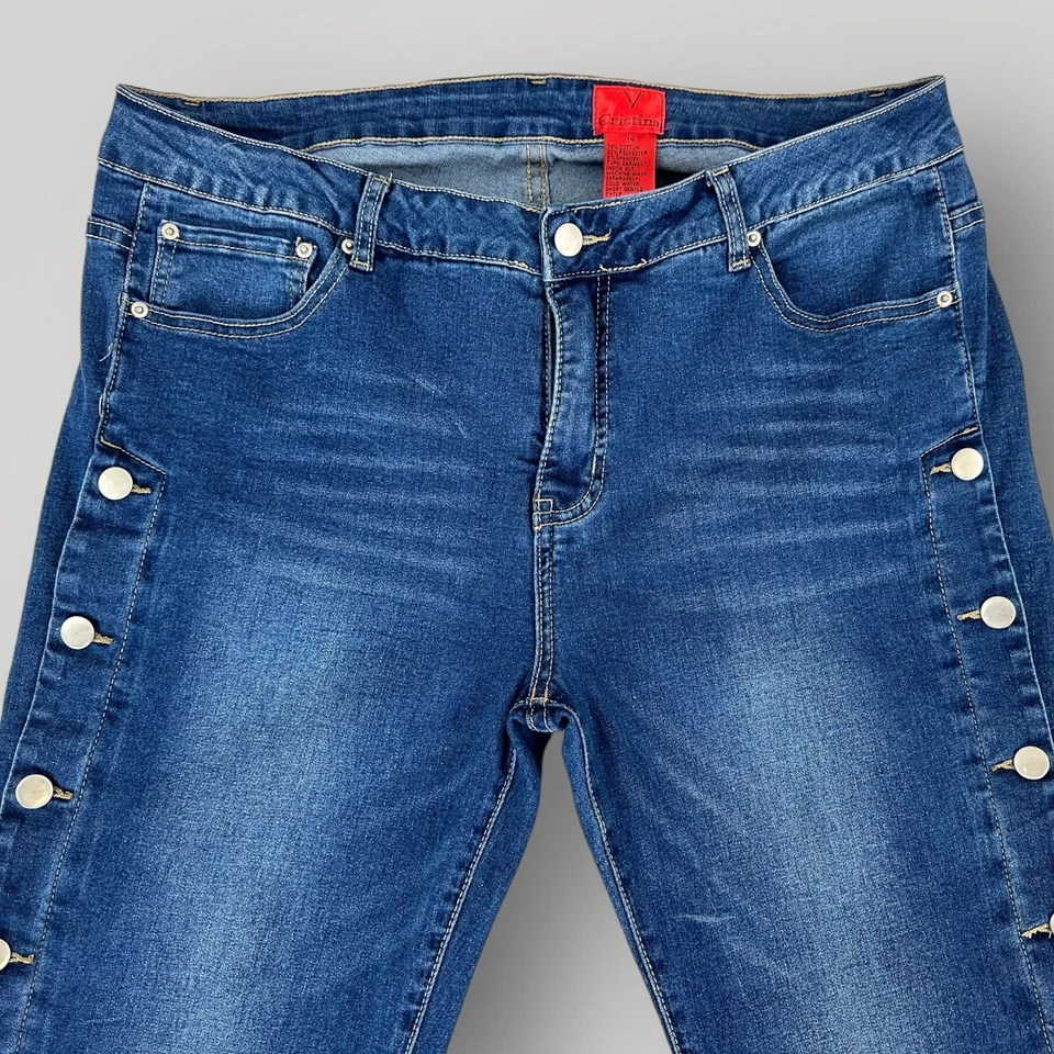 V Cristina 牛仔裤 14 码喇叭纽扣下腿从臀部到下摆超弹力 — 第 3/4 张图片